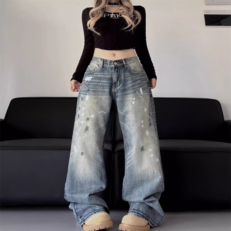 美式复古cleanfit泼墨牛仔裤男女潮宽松直筒阔腿欧美休闲拖地裤子,女装休闲裤,星座218-8