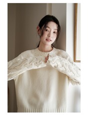 2025年秋季新款百搭女士三股绞花袖毛衣，女装羊毛衫，宛庄羊绒
