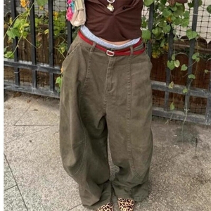 时尚美式复古绿色弯刀牛仔裤女2025春新款宽松慵懒松弛感拖地裤图片
