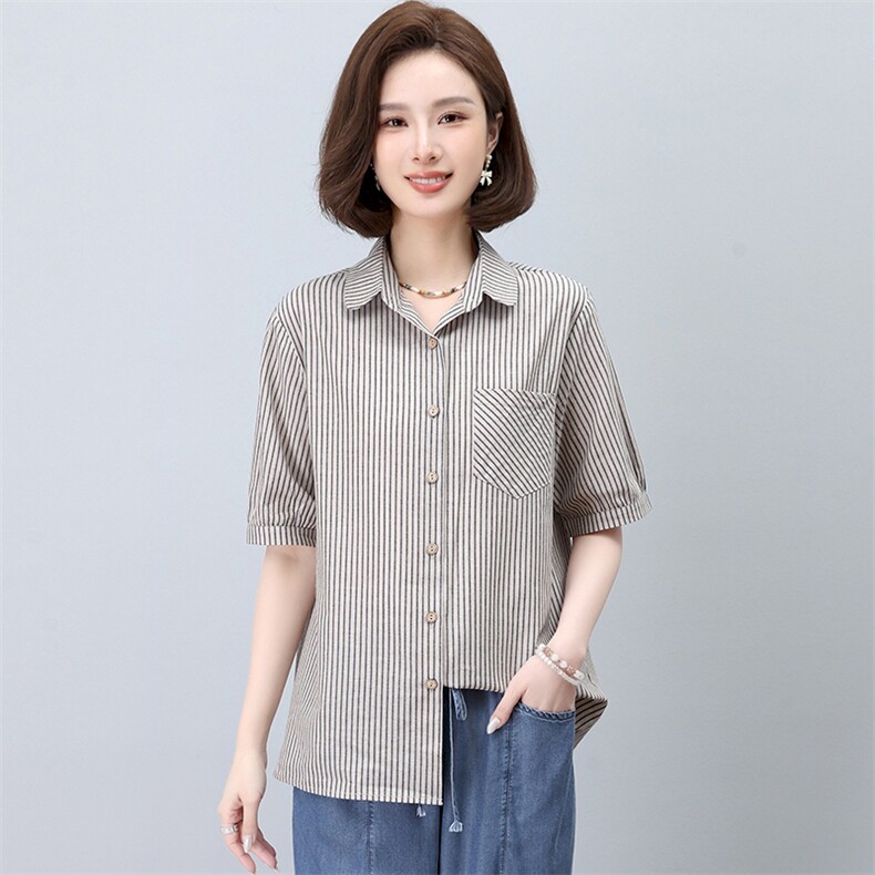 2025夏季简约气质宽松时尚休闲显瘦舒适条纹衬衫,女装衬衫,独衣靓