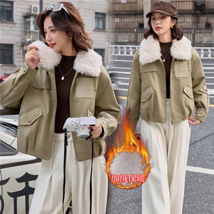 【大量现货】短款外套女2025秋冬新款小个子巨好看的加绒加厚羊羔毛翻领派克服图片
