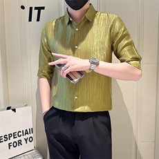 店主风社会小伙男士纯色七分袖衬衫男简约款上衣301A-1/CS560/P55，男装衬衫，星座301A-1