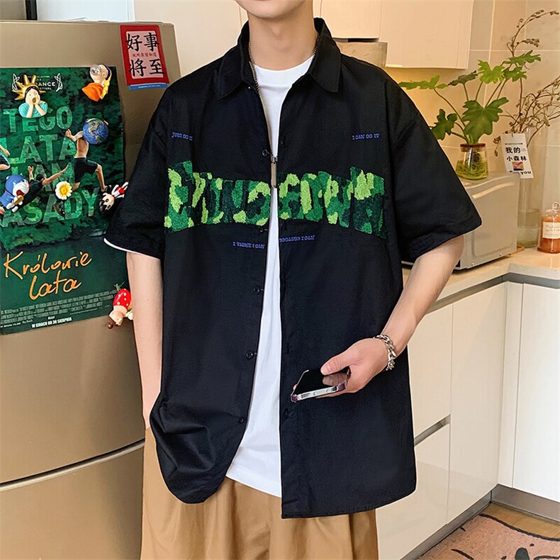 1港风字母刺绣设计大码M-5XL中性风网红短袖衬衫男DCS7722P45控59，男装T恤，星座226-2