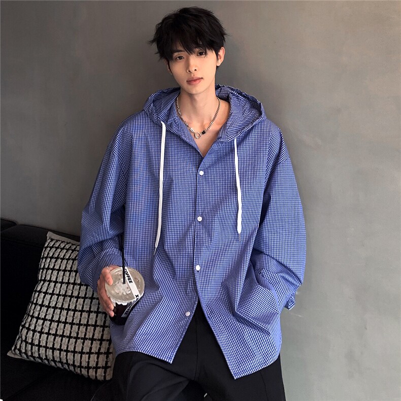 2025新款痞帅复古格子衬衫男长袖衬衣连帽外套CS04-P58，男装衬衫，电商C307A