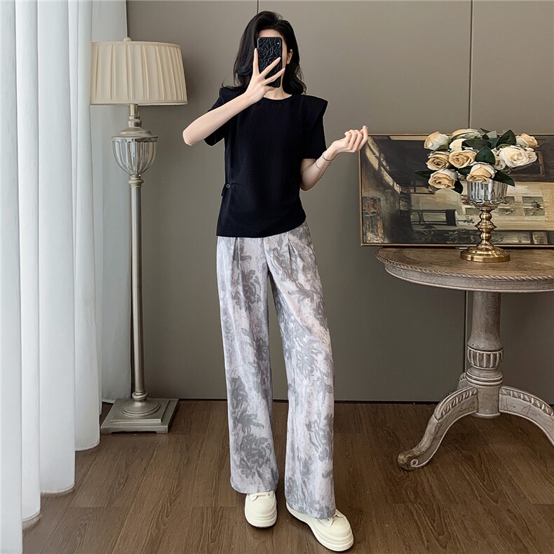 高级感时尚潮流套装女夏款显瘦圆领开叉不规则短袖印花长裤两件套,女装套装/套裙,2C310