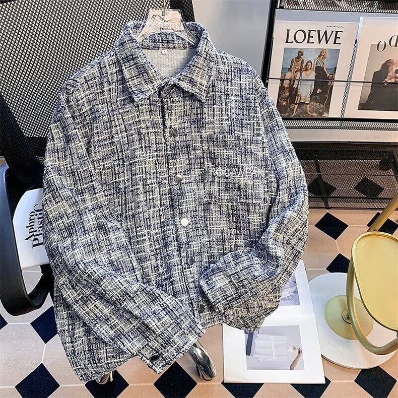 复古小香风男宽松春秋款高级感潮流格子衬衫休闲上衣W1042/P56图片