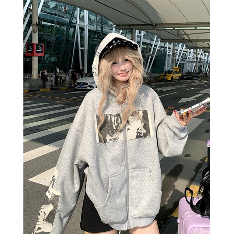 美式复古人像印花贴布连帽卫衣男女宽松休闲百搭帽衫外套WB6003,女装短外套,星座1116A（原606A-3）