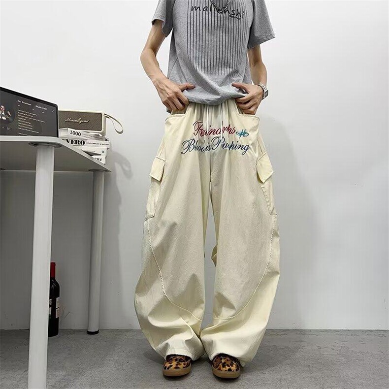 美式字母刺绣弯刀阔腿裤男女夏季宽松hiphop褶皱速干街舞休闲长裤,男装休闲裤,星座601-1