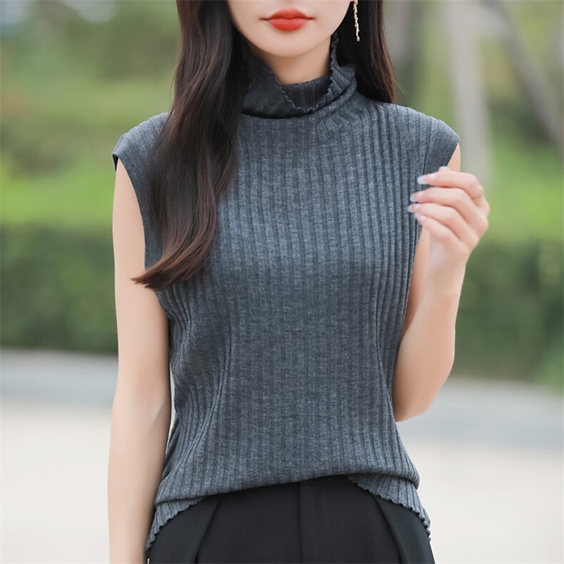 简约纯色坑条堆堆领针织马甲背心女早春时尚洋气内搭无袖坎肩上衣,针织衫/毛衣,佳绒包芯纱店