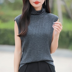 简约纯色坑条堆堆领针织马甲背心女早春时尚洋气内搭无袖坎肩上衣，女装针织衫/毛衣，佳绒包芯纱店