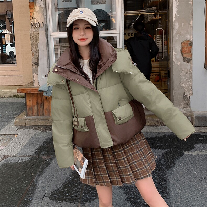 连帽撞色拼接时尚连帽羽绒服2024年冬季图片