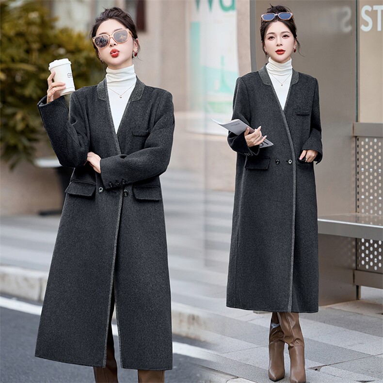 【现货主推款】25年冬装新款宽松舒适版型气质拼色羊绒大衣,女装羊绒大衣,尚娜萱
