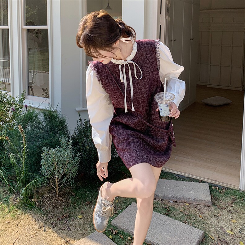 超火千金感穿搭紫色小香风连衣裙女春季2025新款高级感假两件裙子，女装半身裙，2C176