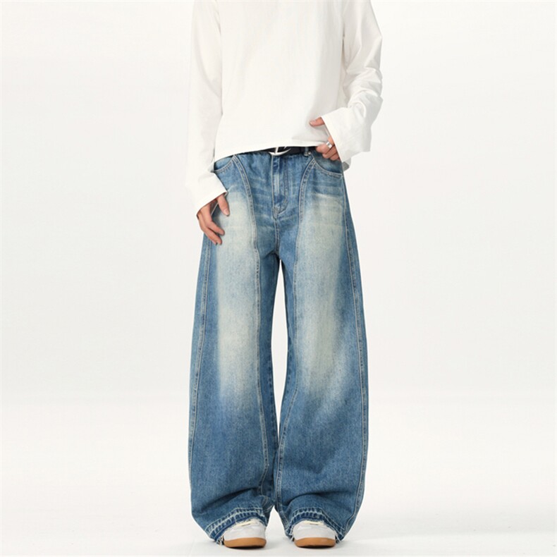 美式复古阔腿宽松弯刀裤男女高级感小众牛仔裤冰蓝痞帅炸街裤子，男装牛仔裤，星座301D(原星座1004-8）