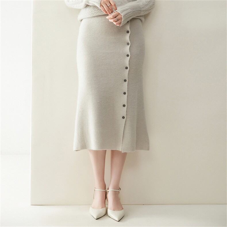 洋气百搭山羊绒针织半身裙女简约带扣设计羊毛秋冬新款过膝半裙，女装半身裙，纳丰羊绒