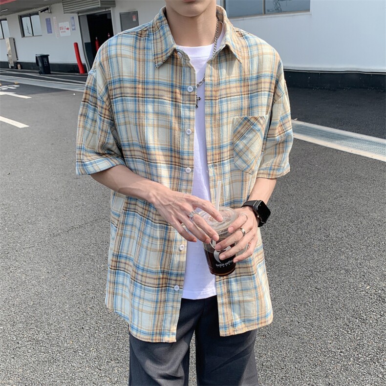 格子衬衫男士短袖港风潮流日系帅气2024夏季新款ins外套CY793-P30,男装衬衫,星座412-3