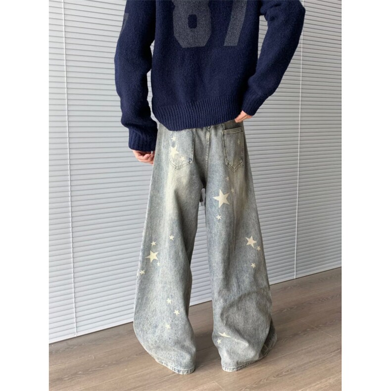 美式高街牛仔裤男女五角星直筒宽松2025秋冬ins长裤RK3195-P55,男装牛仔裤,星座412-3