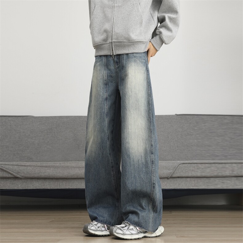 复古解构阔腿弯刀牛仔裤男新款宽松百搭直筒拖地长裤子N10122-p53，男装牛仔裤，星座1008