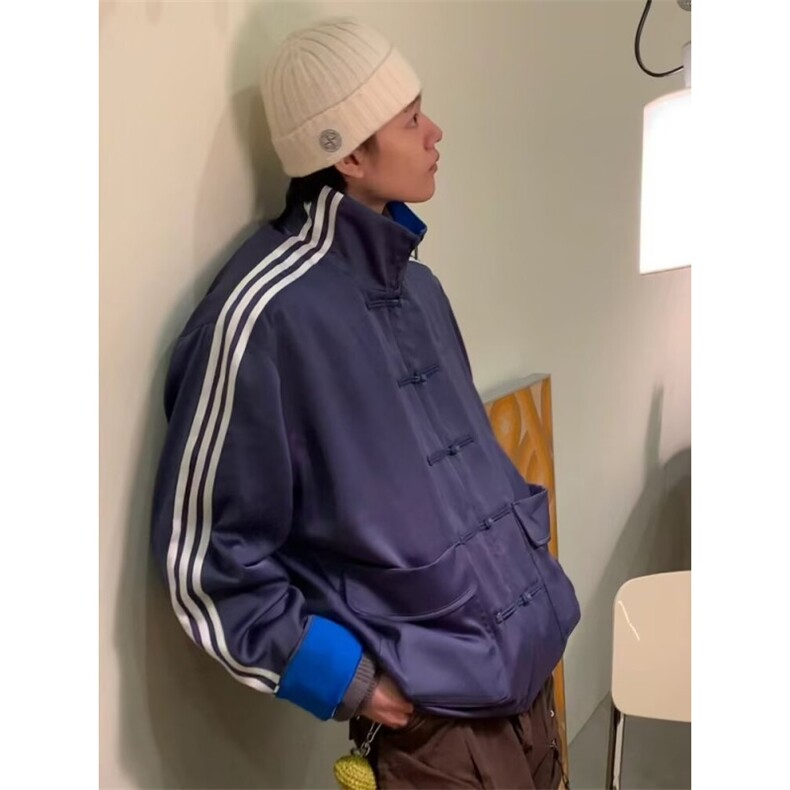 风秋男夹克衫拼色三条杠条纹盘扣新中式中山装外套jk0043P60,男装夹克,星座1013-1