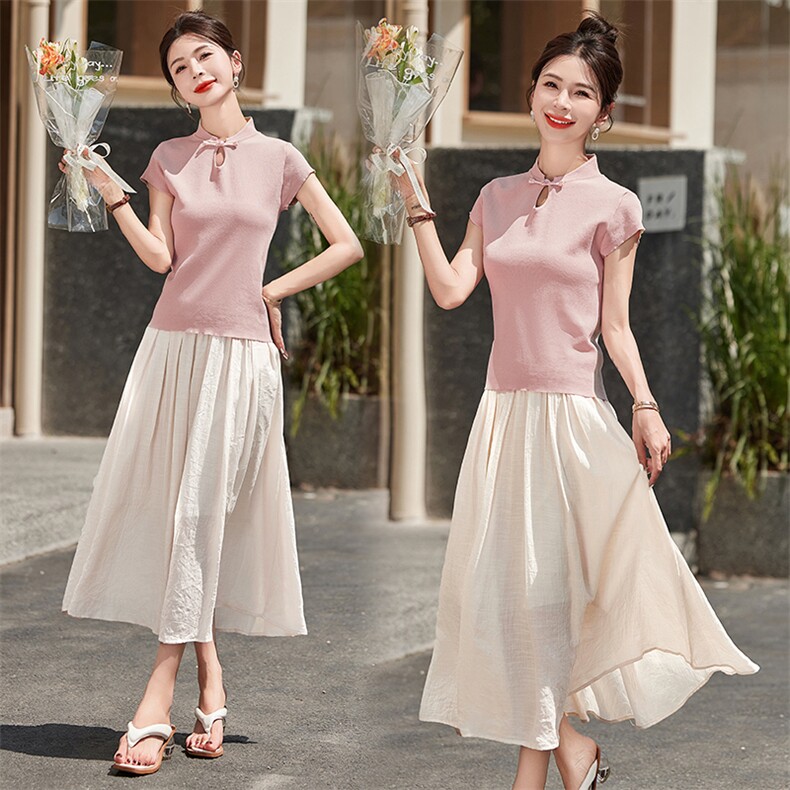 2024年夏季國风气质短袖上衣设计感盘扣新中式半裙套装女，女装套装/套裙，曼娅璐