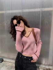 秋冬韩版V领拼色百搭针织打底衫女短款高腰毛衣时髦外穿，女装针织衫/毛衣，半城羊绒