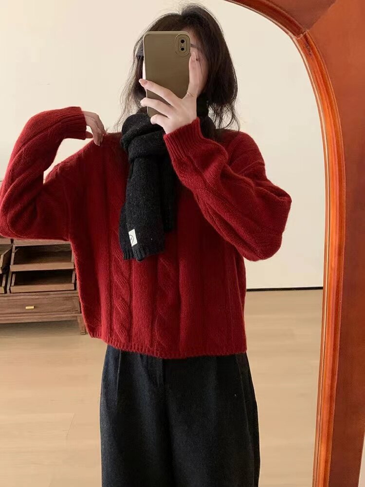 复古麻花纹宽松显瘦针织衫百搭圆领长袖毛衣时尚气质女装,针织衫/毛衣,半城羊绒