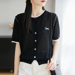 竹节麻针织短袖开衫女圆领拼色刺绣小狗彩扣上衣宽松半袖T恤打底图片