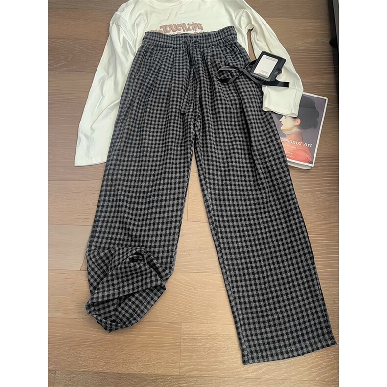 美式复古毛呢格子裤男款春秋季潮流cleanfit慵懒风宽松直筒休闲裤，男装休闲裤，电商A001-1