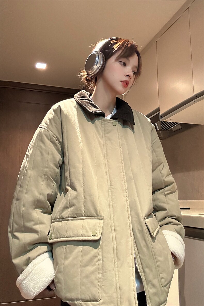 中性风撞色灯芯绒拼接领棉衣外套女宽松羊羔绒加厚棉服G1070P128,男装棉衣,电商A339