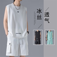 2024夏季新款无影墙大码冰丝速干背心套装M-5XHQ24606-P75，男装休闲套装，电商A022