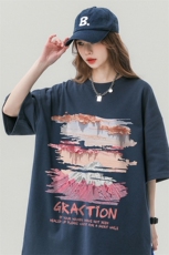 中性风23夏季油画复古印花纯棉圆领时尚百搭短袖T恤T1143P25控38，男装T恤，A247A
