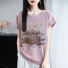 夏季新款简约竹节麻印染短袖女宽松百搭显瘦上衣时尚休闲T恤，女装T恤，贵皇网供仓