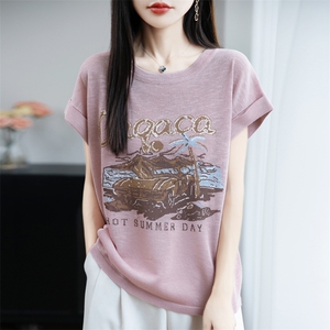 夏季新款简约竹节麻印染短袖女宽松百搭显瘦上衣时尚休闲T恤图片