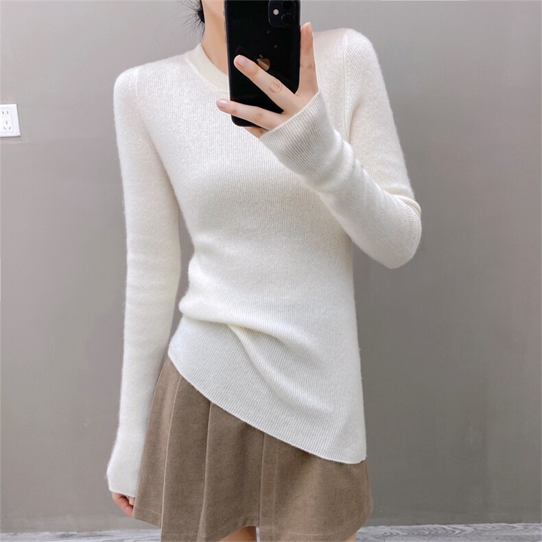 春季新款圆领针织衫女100纯山羊绒上衣欧货高端修身打底软糯毛衣,女装羊绒衫,织绒羊