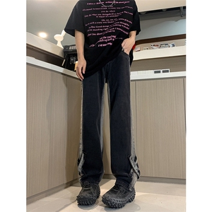 现货春夏黑色渐变直筒宽松设计感拼接绑带XX修身牛仔裤男K918-P50图片