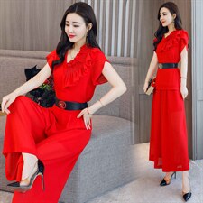 2022年夏季韩版时尚不规则花边拼接上衣+显高阔腿裤两件套，女装套装/套裙，火爆靓佳人