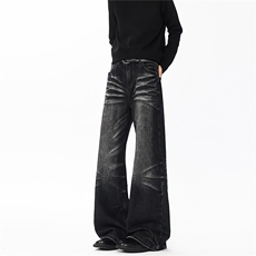 重工猫须磨白水洗做旧牛仔裤190男高个子加长微喇休闲阔腿裤KZ094，男装牛仔裤，电商B312