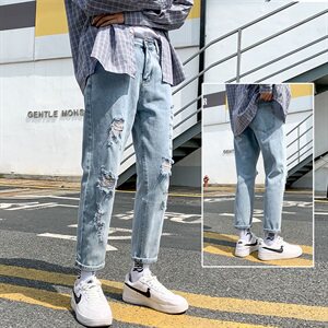 牛仔裤男士秋季潮牌破洞ins韩版潮流百搭九分休闲长裤子7116-P35,时尚搭配包臀短裙图片