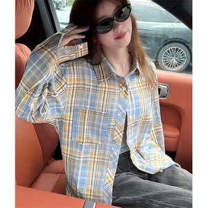 轻奢纯棉格子衬衫女内搭叠穿宽松休闲显瘦长袖衬衣外穿 C7763图片