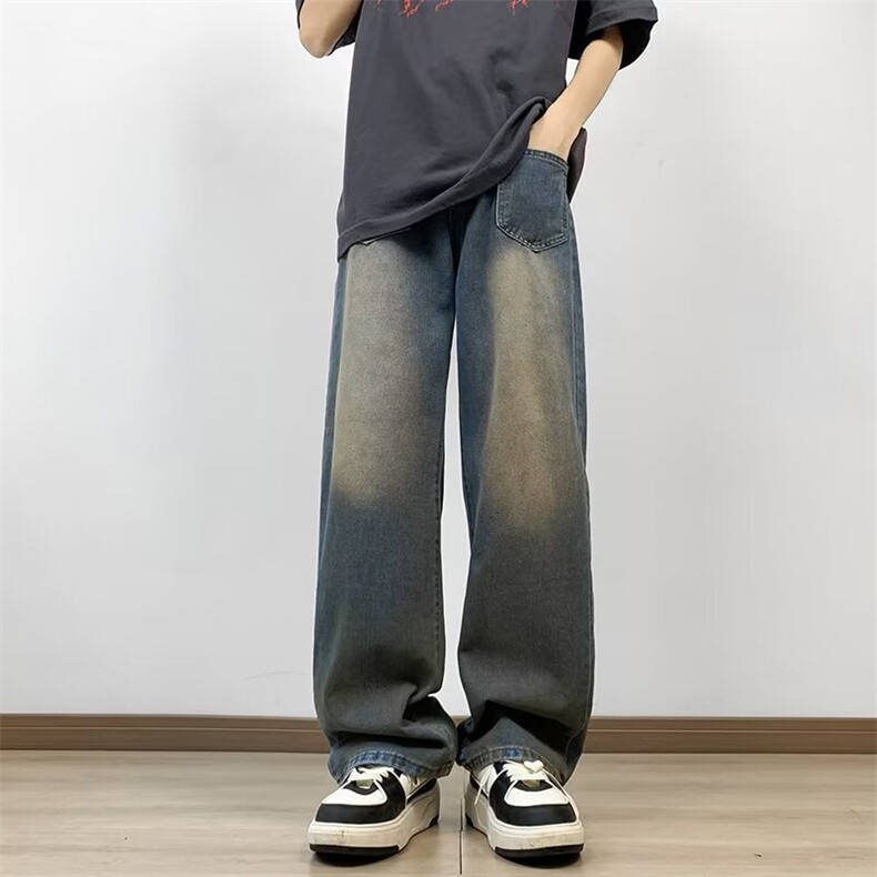 美式复古牛仔裤男水洗做旧宽松大码直筒裤潮牌小众设计微喇裤，男装牛仔裤，星座1013
