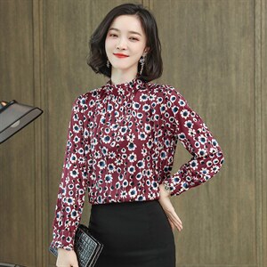 玖伊兰荷叶领中袖印花真丝上衣女2026夏季新款真丝洋气碎花小衫图片