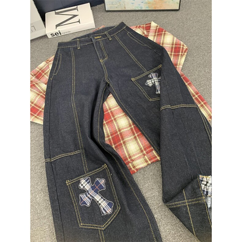 十字架弯刀工装牛仔裤西海岸美式高街vibe直筒阔腿裤男W7897P55,男装牛仔裤,星座1112-1