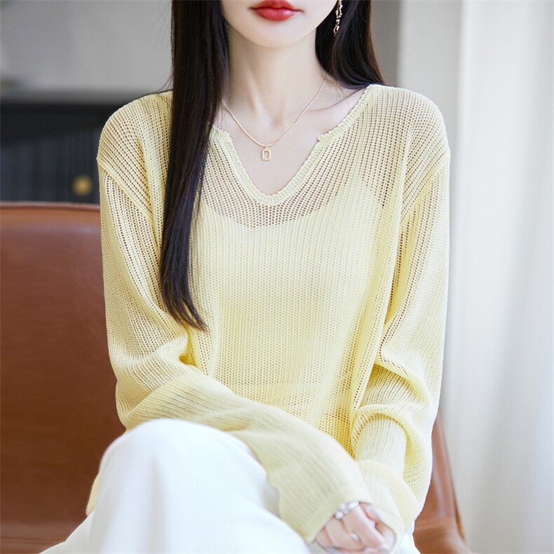 高级感镂空微透冰丝针织长袖T恤女轻薄透气宽松防晒罩衫绝美上衣,针织衫/毛衣,唐诺