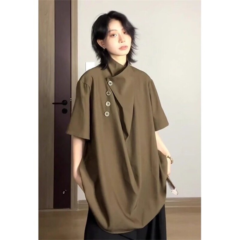 新中式风短袖衬衫不规则小众高级感垂感冰丝衬衣 CS7789 P45图片