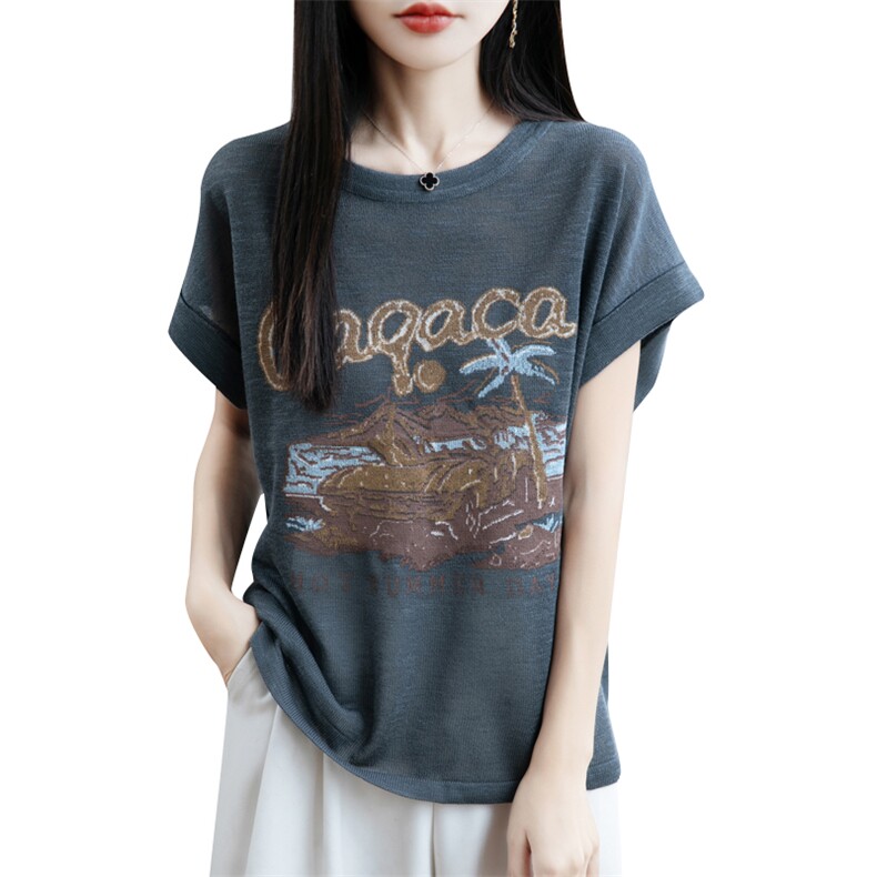 夏季新款简约竹节麻印染短袖女宽松百搭显瘦上衣时尚休闲T恤,女装T恤,贵皇网供仓