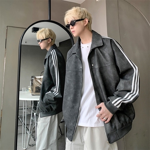 JK8818-P68美式复古cleanfit高级感PU皮条纹夹克外套图片