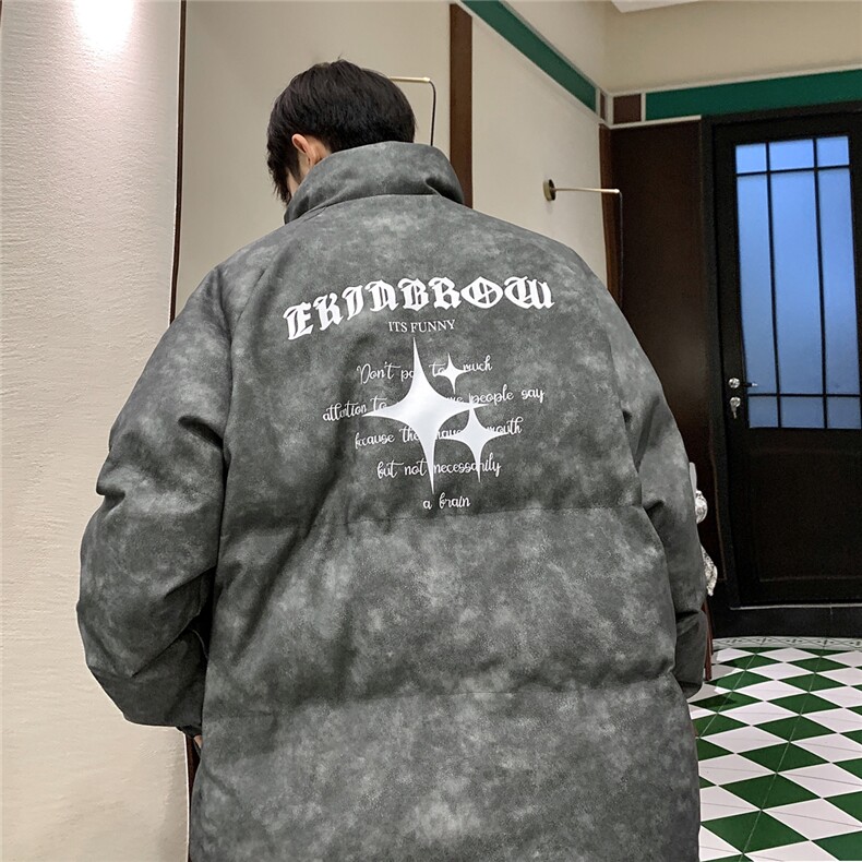 港风PU皮复古做旧可拆卸四芒星胸针设计棉衣男MY77721P128控168，男装棉衣，星座227-7