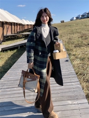 复古格纹长款立领双面呢羊毛大衣女2025秋新款学院风减龄毛呢外套，女装双面呢大衣，蝶眷