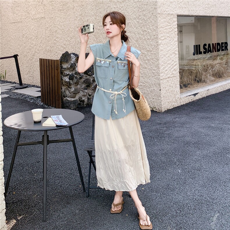 现货2D078-T2033-P165K248薄牛仔上衣+皱皱裙真两件套,女装套装/套裙,2D078