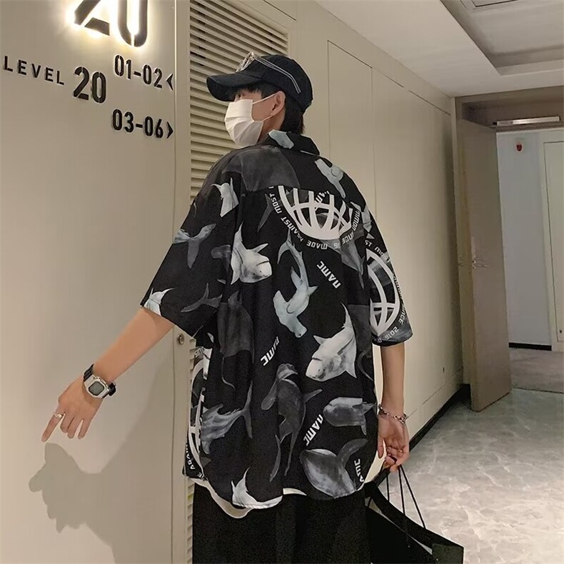 港风印花短袖衬衫男夏潮流薄款外套设计感M326-P30,男装衬衫,星座1109-3